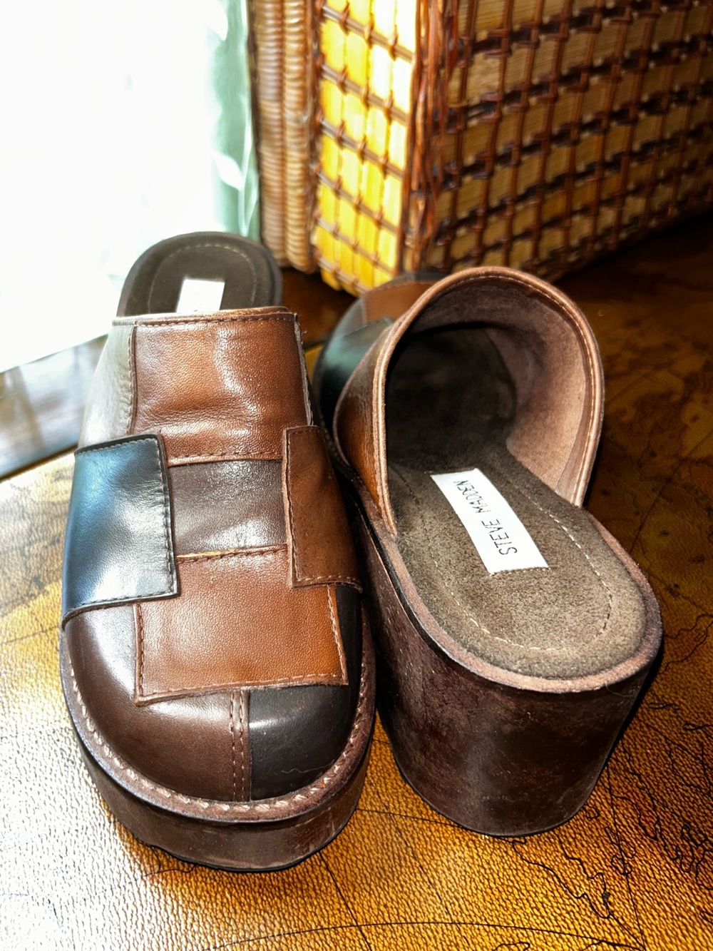 Steve Madden Brown & Black Patchwork Leather Clogs - Picture 2 of 15